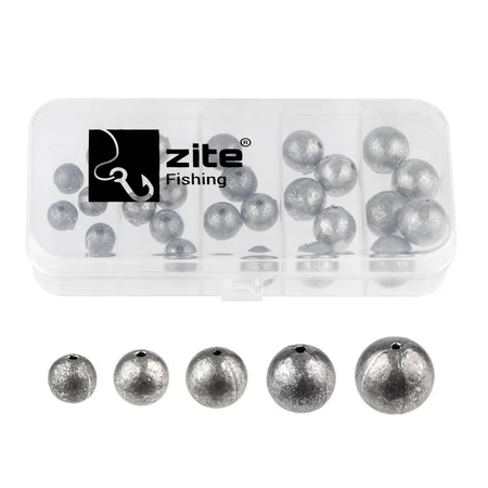 Zite Fishing Lochblei Sortiment 30 Stück 5-20g Kugelblei mit Schnurkanal in Sortierbox Grund- & Strömungsangeln