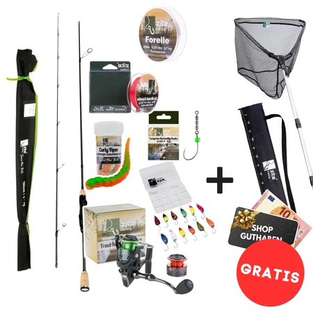 Ultra Light Forellen Komplettset mit Spoonrute, Rolle, Angelschnur, Kunstködern & Rotate Hooks + GRATIS Kescher