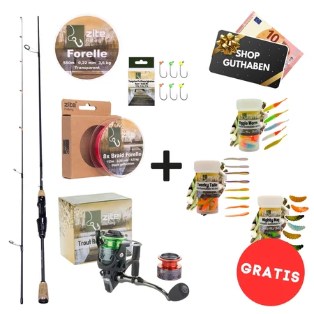 UL Gummiköder Angelset - Solid Tip Rute 2m - 1000er Rolle - 8x geflochtene Schnur - Haken + GRATIS Gummiköder & Guthaben