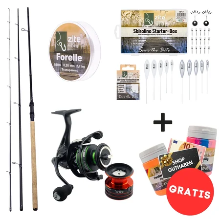 Sbirolino Forellen Komplettset mit 360 cm Sbiro Rute 3–25 g,  Reel Base 3000, Monoschnur & 2x Gratis Forellenteigen