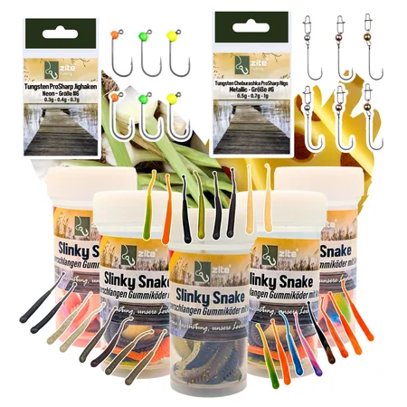 Zite Fishing Slinky Snake Starter Set - 40 Gummiköder Knoblauch & Käse Aroma + 12 ProSharp Haken
