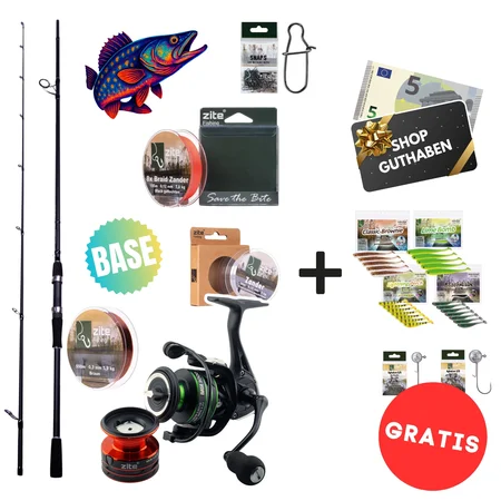 Zander Base Komplettset - Inzite Base Stick Zander, Spinnig Reel Base 3000, Angelschnur & GRATIS Gummiköder + Jighaken