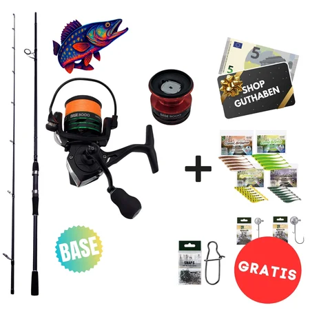 Zander Base Komplettset - Inzite Base Stick Zander, Spinnig Reel Base 3000 bespult & GRATIS Gummiköder + Jighaken