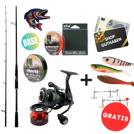Hecht Base Komplettset - Inzite Base Stick Pike, Spinnig Reel Base 4000, Angelschnur & GRATIS Gummifische + Hechtsysteme