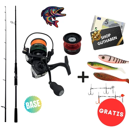 Hecht Base Komplettset - Inzite Base Stick Pike, Spinnig Reel Base 4000 bespult & GRATIS Gummifische + Hechtsysteme
