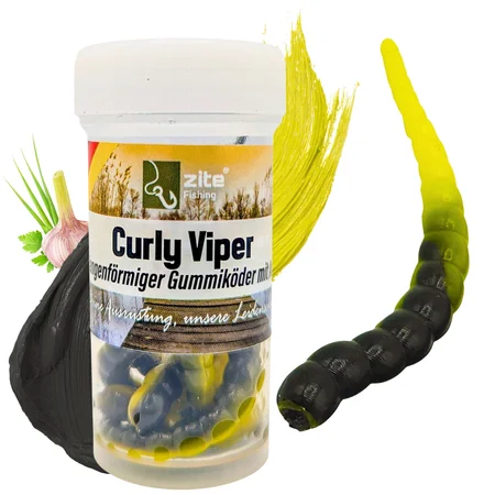 Zite Fishing Curly Viper Schwarz Gelb Knoblauch 6,5 cm Rotationsköder für Forelle 8 Stück