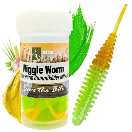 Wiggle Worm Forellenwurm Chartreuse Gold Knoblauch Aroma 5,5 cm 10 Stück Gummiköder
