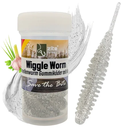 Wiggle Worm Forellenwurm Transparent Silber Glitter Knoblauch Aroma 5,5 cm 10 Stück Gummiköder