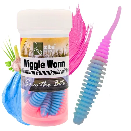 Wiggle Worm Forellenwurm Hellblau Rosa Knoblauch Aroma 5,5 cm 10 Stück Gummiköder