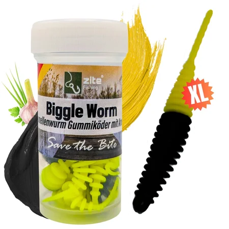 Zite Fishing Biggle Worm Schwarz Gelb Knoblauch 6,5 cm 8 Stück Gummiköder Forelle