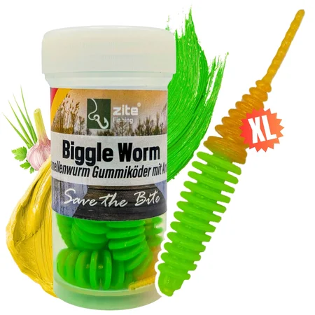 Zite Fishing Biggle Worm Chartreuse Gold Knoblauch 6,5 cm 8 Stück Gummiköder Forelle