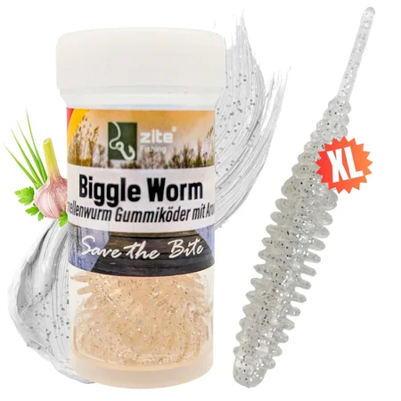 Zite Fishing Biggle Worm Transparent Silber Glitter Knoblauch 6,5 cm 8 Stück Gummiköder Forelle
