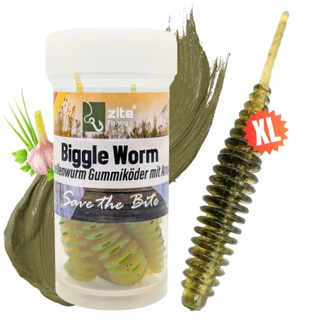 Zite Fishing Biggle Worm Motoröl Knoblauch 6,5 cm 8 Stück Gummiköder Forelle