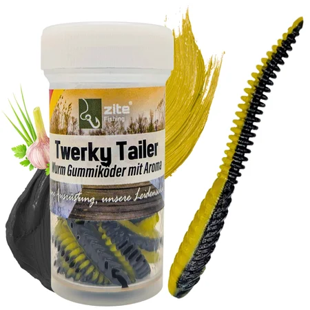 Zite Fishing Twerky Tailer Schwarz Gelb Knoblauch 7 cm 8 STK 3in1 Gummiköder Forelle
