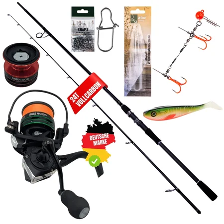 Inzite Base Stick Hecht Set - 255 Angelrute & Spinning Base Reel 4000 bespult, Snaps, Jighaken uvm. 