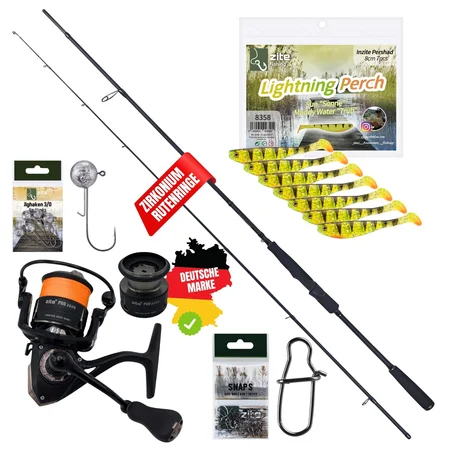 Inzite Pro Stick Barsch-Set - 225 cm Angelrute & Spinning Reel Pro 2000 bespult + Zubehör wie Schnur, Jighaken, Gummifis