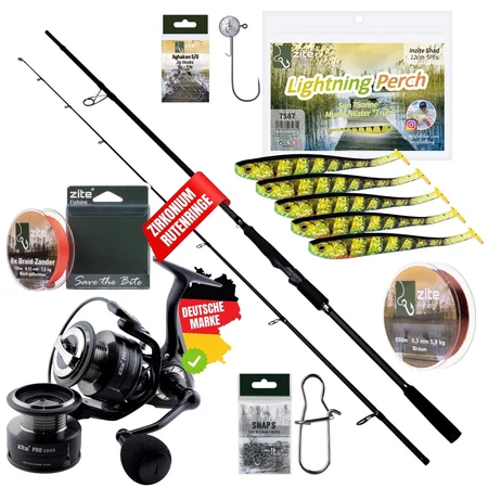 Inzite Pro Stick Zander-Set - 255 cm Angelrute + Spinning Reel Pro 3000 & Zubehör wie Snaps, Gummifische, Jighaken