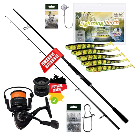 Inzite Pro Stick Zander-Set - 255 cm Angelrute + Spinning Reel Pro 3000 bespult & Zubehör wie Snaps, Gummifische, Jighak