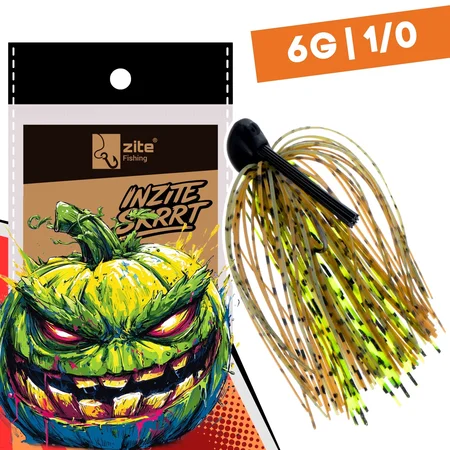 Inzite Skrrt Skirt Jig 6g – Haken 1/0 – Green Pumpkin – mit Weedguard Fransen Köder für Barsch und Zander