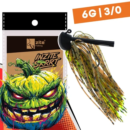 Inzite Skrrt Skirt Jig 6g – Haken 3/0 – Green Pumpkin – mit Weedguard Fransen Köder für Barsch und Zander