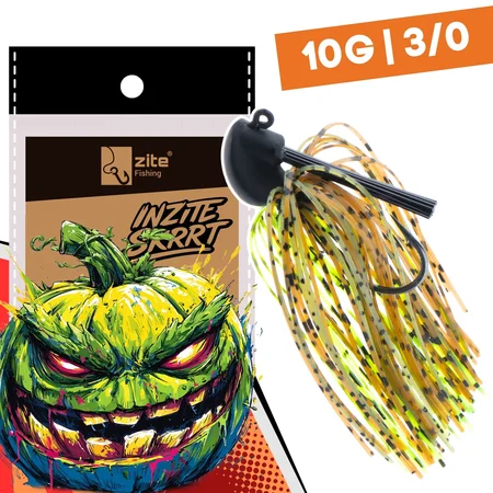 Inzite Skrrt Skirt Jig 10g – Haken 3/0 – Green Pumpkin – mit Weedguard Fransen Köder für Barsch und Zander