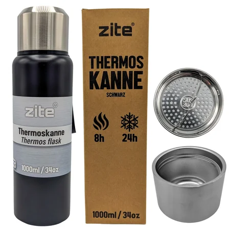 Zite Fishing Thermoskanne 1l Edelstahl Schwarz – Doppelwandige Thermosflasche 8h heiß / 24h kalt mit Becher