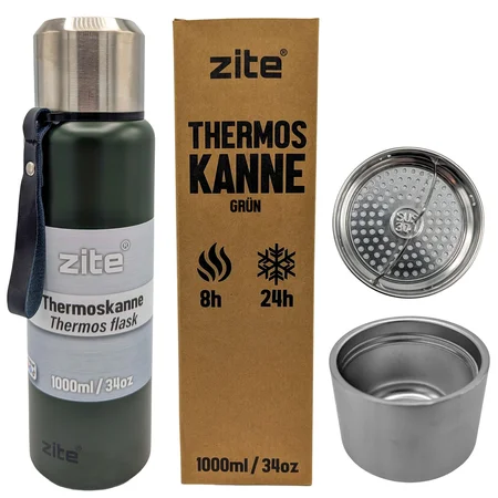 Zite Fishing Thermoskanne 1l Edelstahl Olivgrün – Doppelwandige Thermosflasche 8h heiß / 24h kalt mit Becher