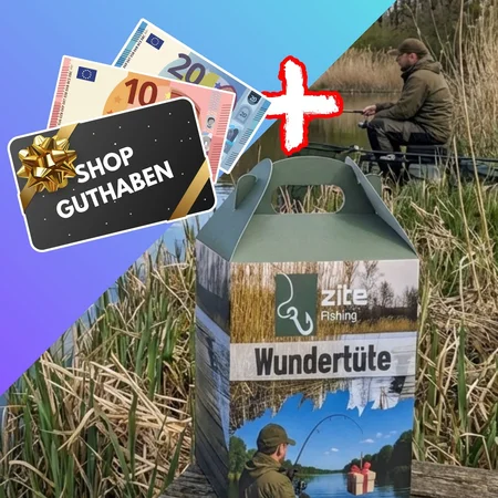 Wundertüte mit Allround Angelzubehör - Überraschungs Anglergeschenk Box mit 30 € Guthabenkarte