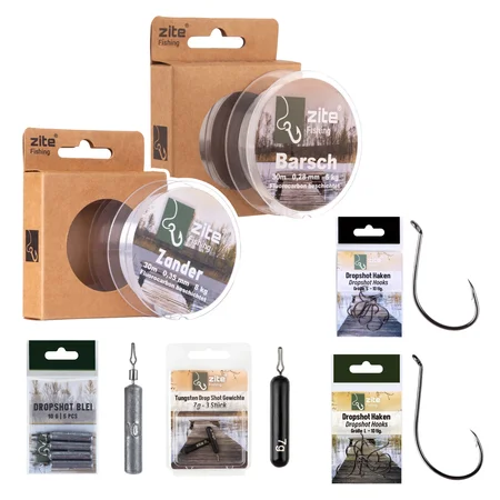 Drop Shot Rig Bundle mit Dropshot Haken S & L sowie Gewichte in Blei & Tungsten und Schnüre für Barsch & Zander Angeln
