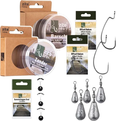 Free Rig Bundle mit Off-Set Haken sowie Tropfenblei Sortiment, Stopper & Schnüre für Barsch & Zander Angeln