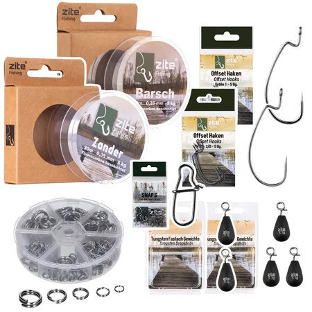 Jika Rig Bundle mit Off-Set Haken sowie Tungsten Jika Gewichten, Snaps, Sprengringen & Schnüren für Barsch & Zander Ange
