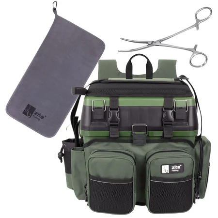 Multi Angel-Koffer-Rucksack u. Sitz-Kiepe in 1 Bundle mit Hakenlöser Zange Gebogen 18cm & Microfaser Handtuch
