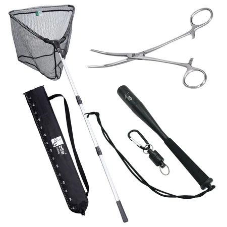 Kescher Gummiert 2,10m 3-Teilig Bundle mit Hakenlöser Zange Gebogen 18cm & Fischtöter Aluminium mit Karabiner