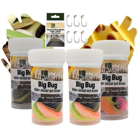 Zite Fishing Big Bug Starterset - 32 Gummiköder Käferimitate mit Premium Tungsten Pro Sharp Jighaken in Metallic #4 Fore
