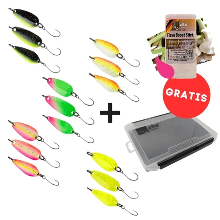 Zite Fishing Troutforce Spoons Starterset – 15 Forellen-Blinker 1,7g/2,3g/2,8g + Gratis Tacklebox