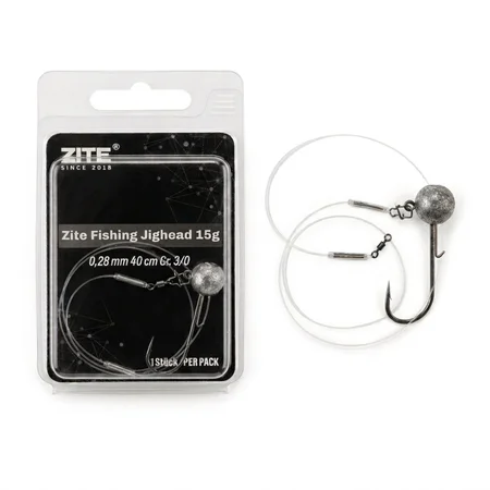 Zite Fishing Jighead 15 g Gr. 3/0 – Fertigmontage mit Fluorocarbon-Vorfach 40 cm, 0,28 mm für Zander, Hecht & Barsch
