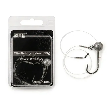 Zite Fishing Jighead 15 g Gr. 5/0 – Fertigmontage mit Fluorocarbon-Vorfach 0,35 mm 40 cm für Hecht & Zander