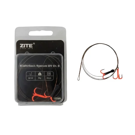 Zite Fishing Köderfisch System UV Gr. S – Stahlvorfach 60cm, Doppel-Drilling #6, 9kg Tragkraft für Hecht