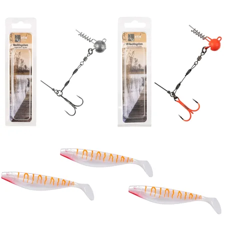 Zite Fishing Hechtsysteme mit Gummiköder Set – 2x Single Hook (UV & Natur) + 3x Balzer Shirasu Shad Albino 13cm
