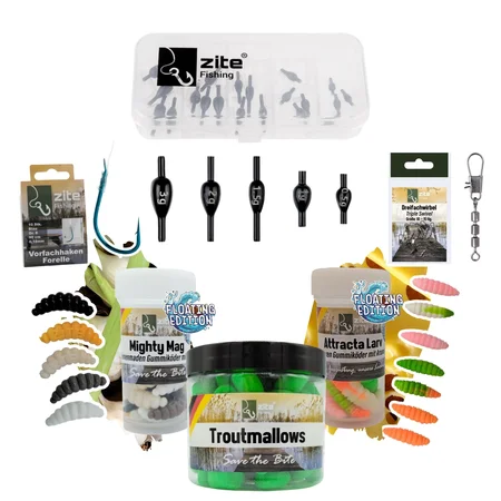 Zite Fishing Fixdrops Starterset - Komplettset für Forellenangeln mit Bleien, Haken, Wirbeln & Ködern