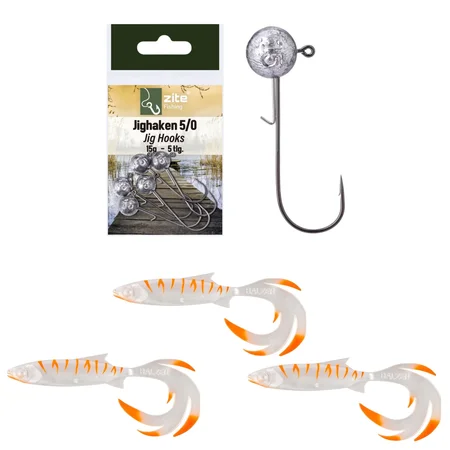 Zite Fishing Jighaken mit Gummiköder 15 cm Set – 5/0 Jigheads & Balzer Shirasu Reptile Shad Albino für Hecht & Zander