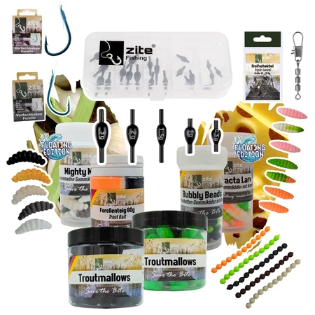 Zite Fishing Fixdrops Starterset XXL – Forellen-Set mit Bleien, Vorfachhaken, Ködern & Sortierbox