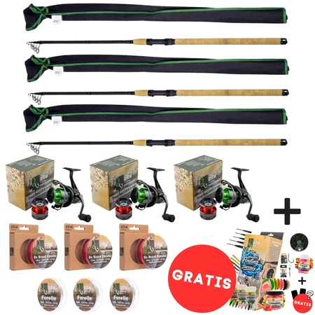 Zite Fishing XXL Grundmontagen Forellen Angelset Komplett – 3x Rute, 3x Rolle, 6x Schnur + Zubehör GRATIS