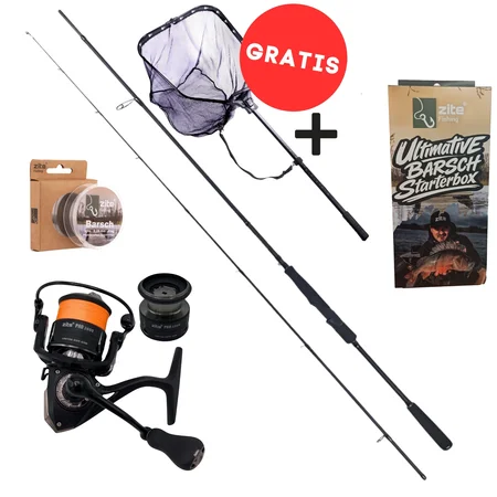 Zite Fishing Barsch Angelset Komplett XXL – Rute, Rolle 2000 bespult & Starterbox + Kescher für Barsch, Zander & Hecht