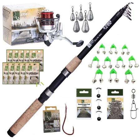 Zite Fishing Grundangeln Starterset Aal – Komplettset Teleskoprute 270cm, Stationärrolle bespult, Aalglocken, Knicklicht