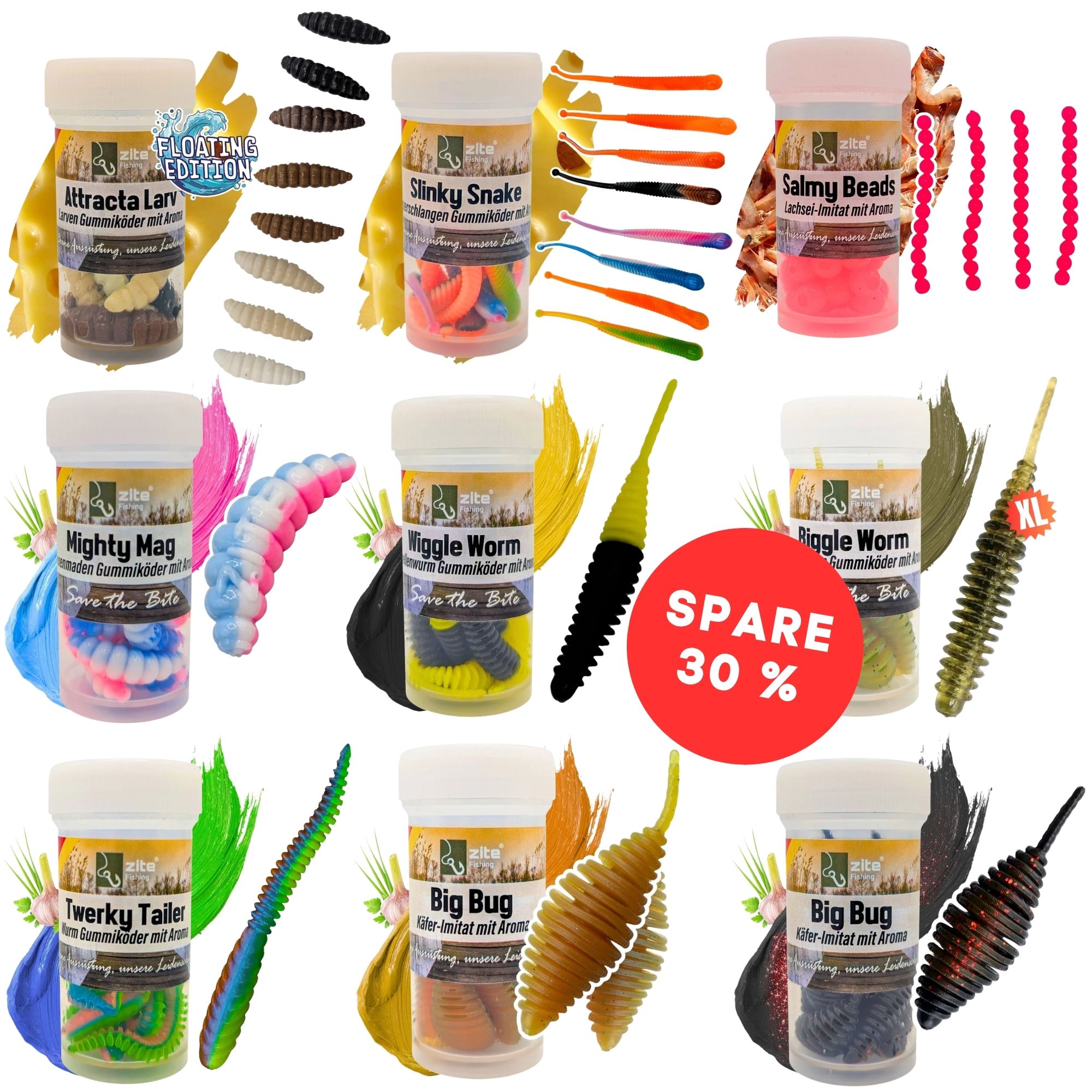 Zite Fishing Forellenköder Mix L – 9 Gummiköder-Sets für Forelle | Käse & Knoblauch | UL, Sbirolino, Dropshot
