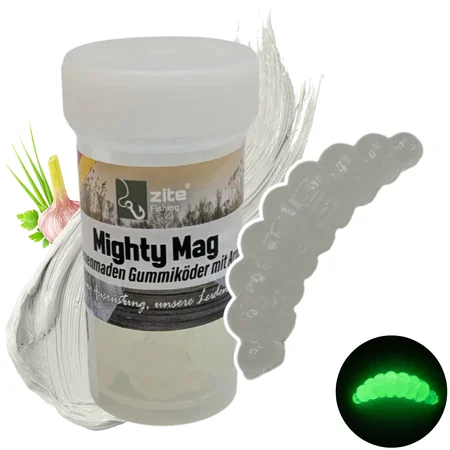 Mighty Mag Special Glow Edition Knoblauch 2,8 cm – 12 Stück Forellen Gummiköder Bienenmade UV-aktiv
