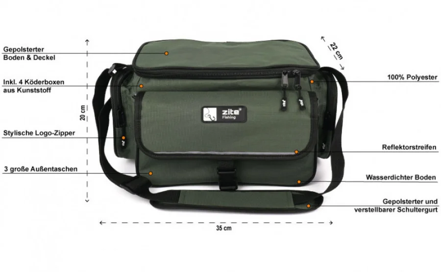 Zite Fishing Angeltasche mit Tragegurt und 4 Kunstköderboxen 35 x 22 x 20 + Hakenlöser Zange Gebogen 18cm - Detaillierte Übersicht