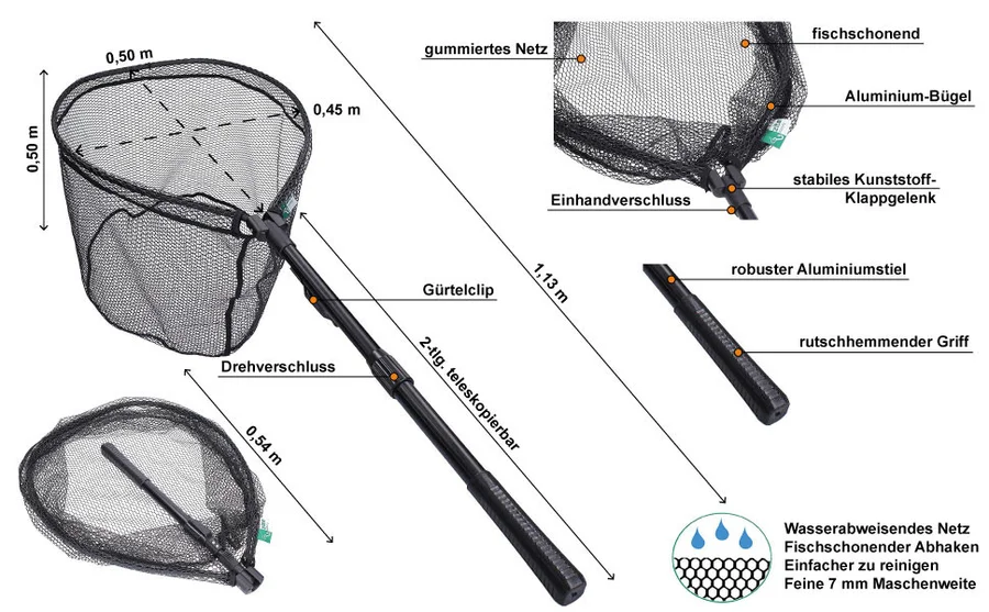 Zite Fishing Spinnkescher Faltbar Schwarz 113cm + Hakenlöser Zange Gebogen 18cm - Detaillierte Übersicht