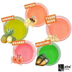 Zite Fishing Dip Powder Muschel/Halibut Fluo grün 50 g - 5 unwiderstehliche Aromen